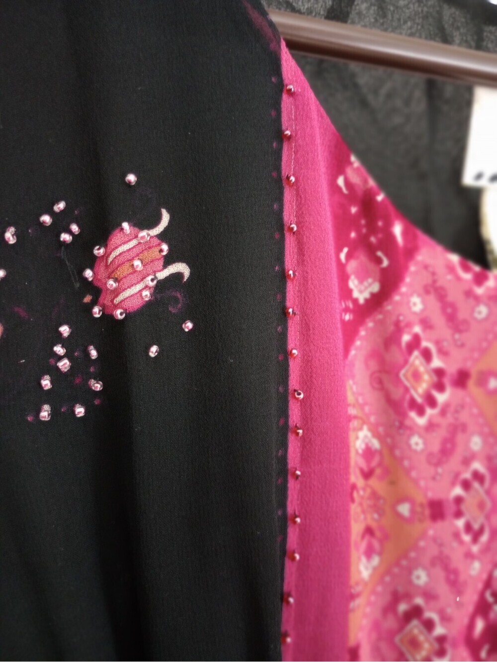 Vtg Y2K ICE Silk Dress Boho Chic Dress Beaded Fuscia Pink Black Lined Sz 8 - Picture 4 of 9